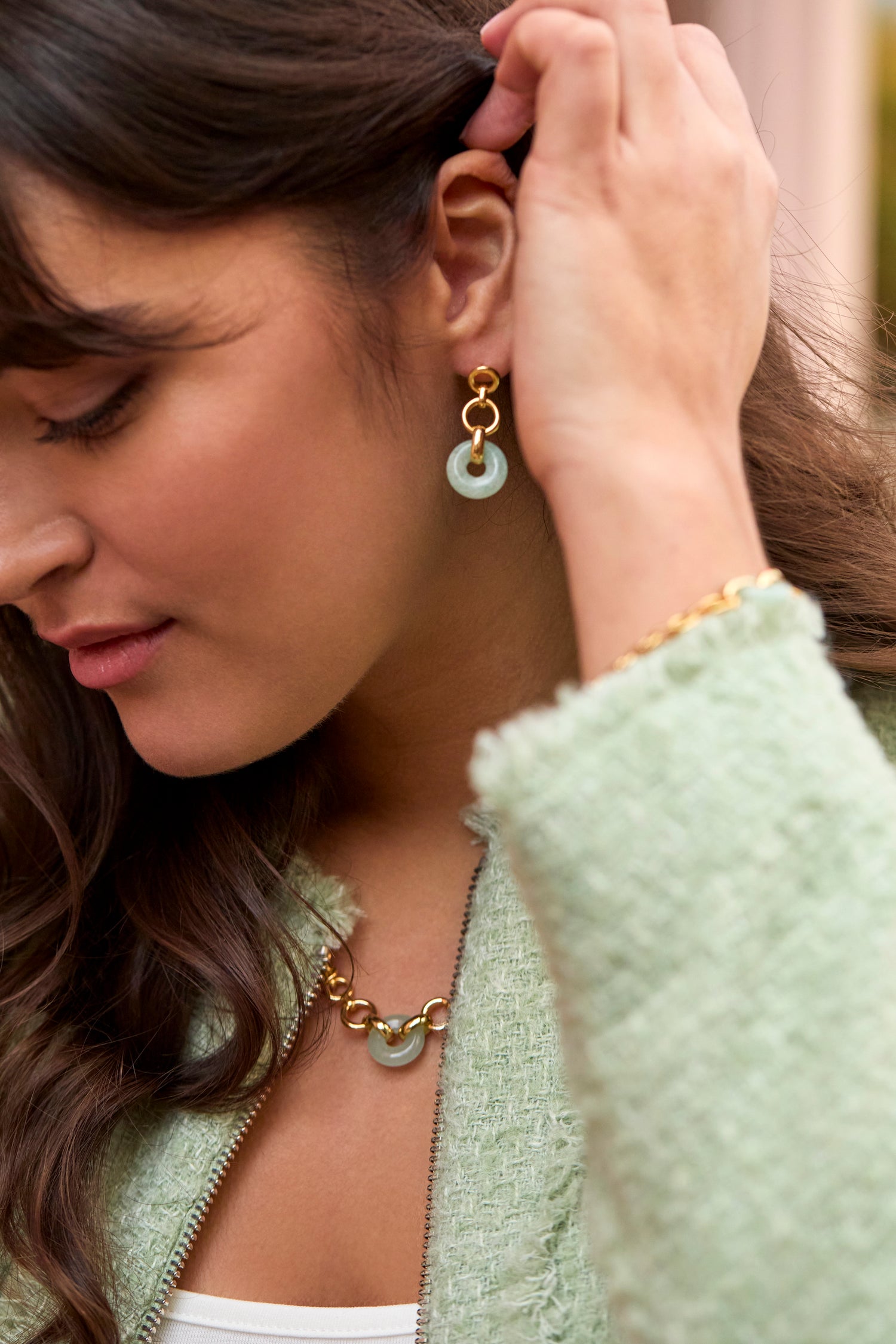 Green Graduated Round Link Drop Earrings