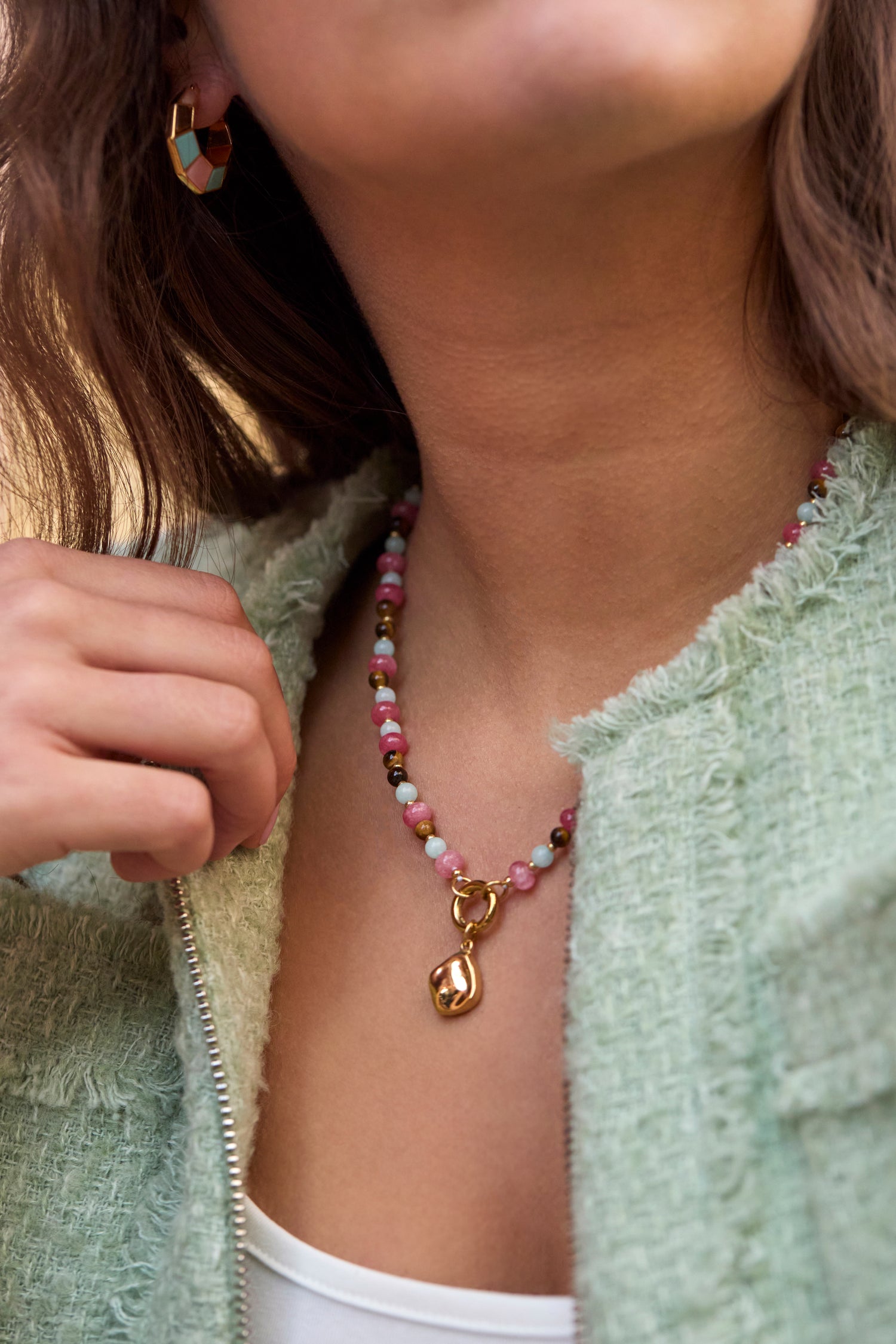 Multi Facet Gemstone Spring Clasp Necklace