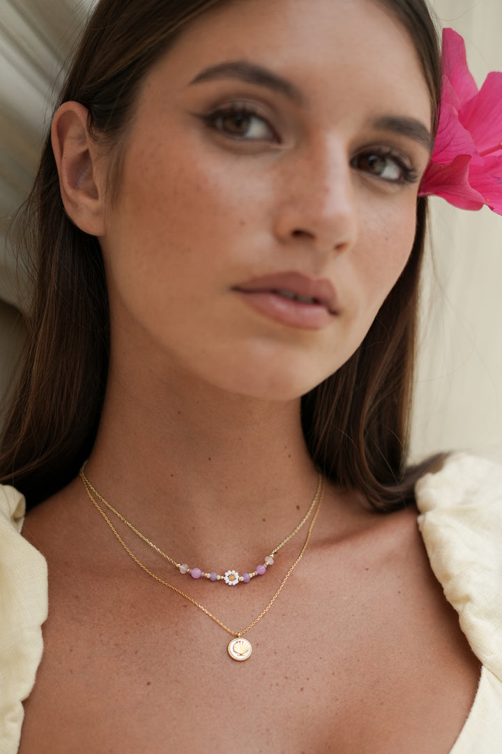 Rose Quartz Beaded Flower Necklace