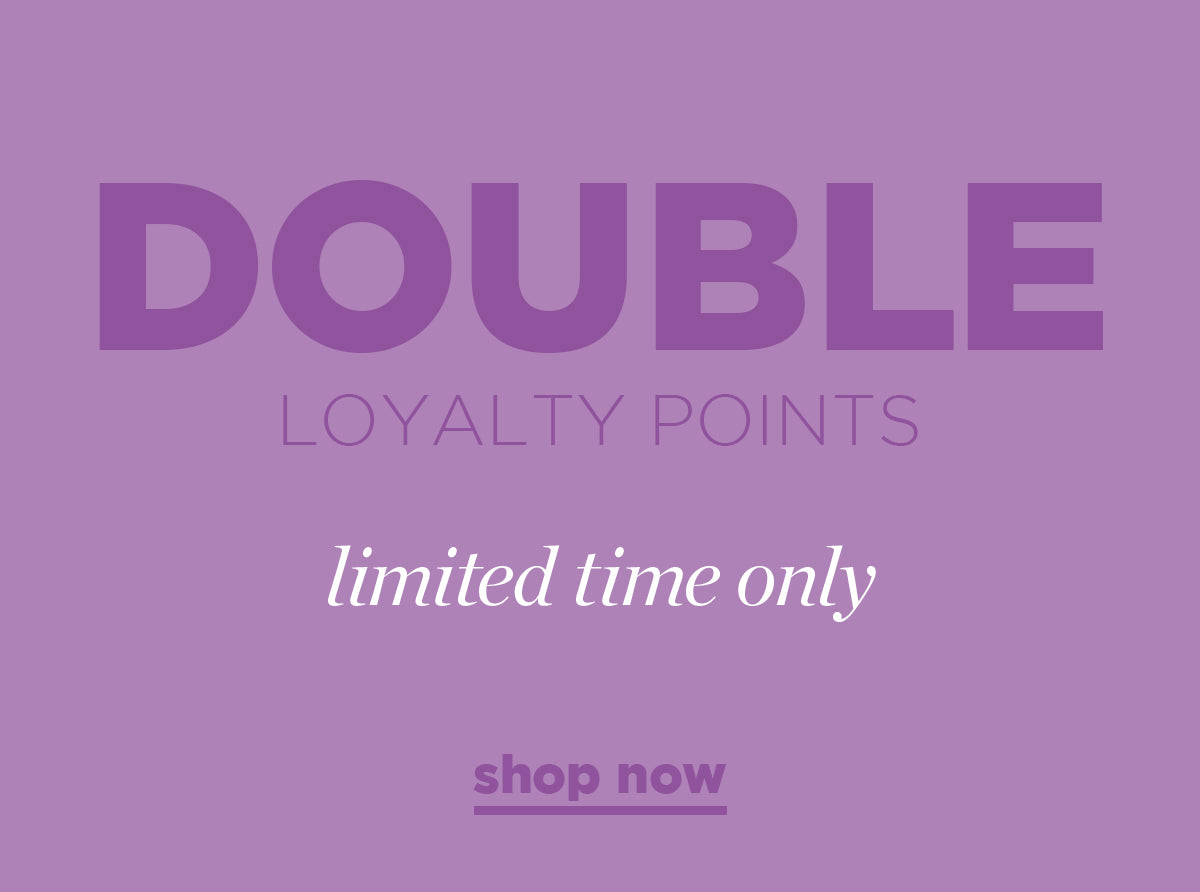 Promotional text on a purple background offering double loyalty points with a 'shop now' call to action.