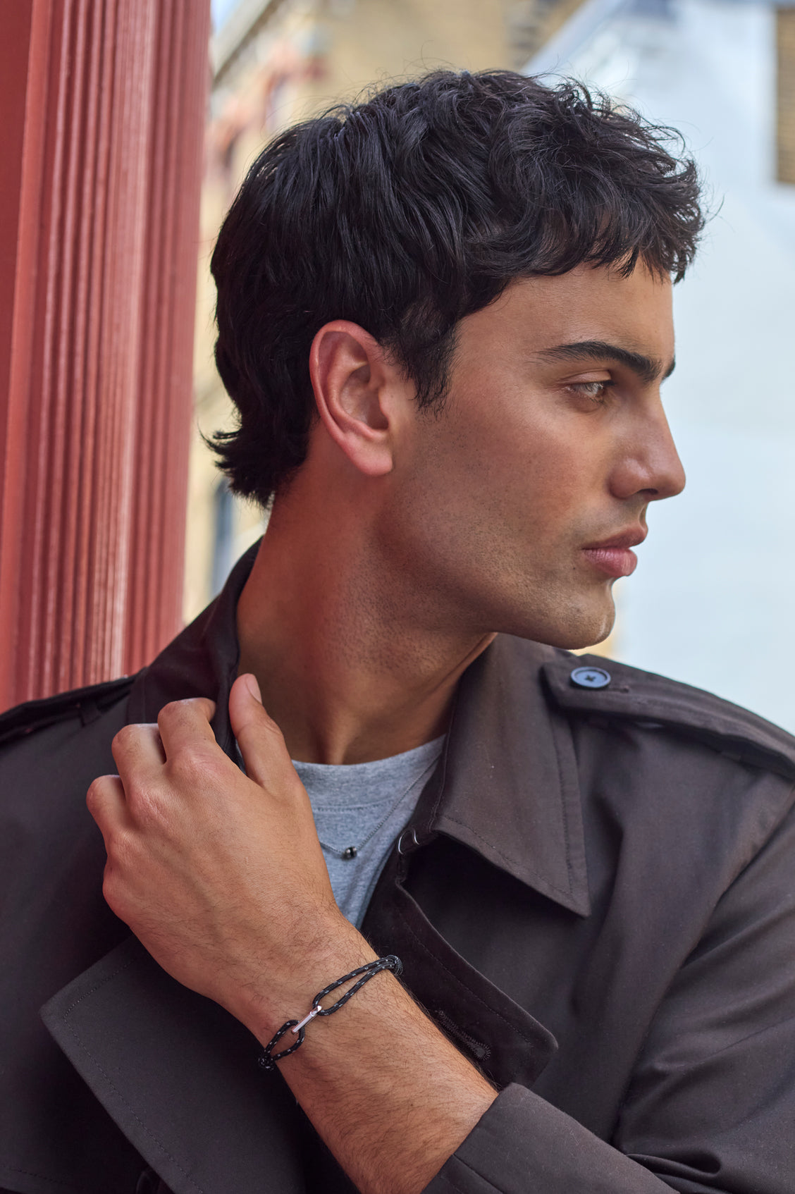 Men's Black And Grey Single Link Carabiner Cord Bracelet