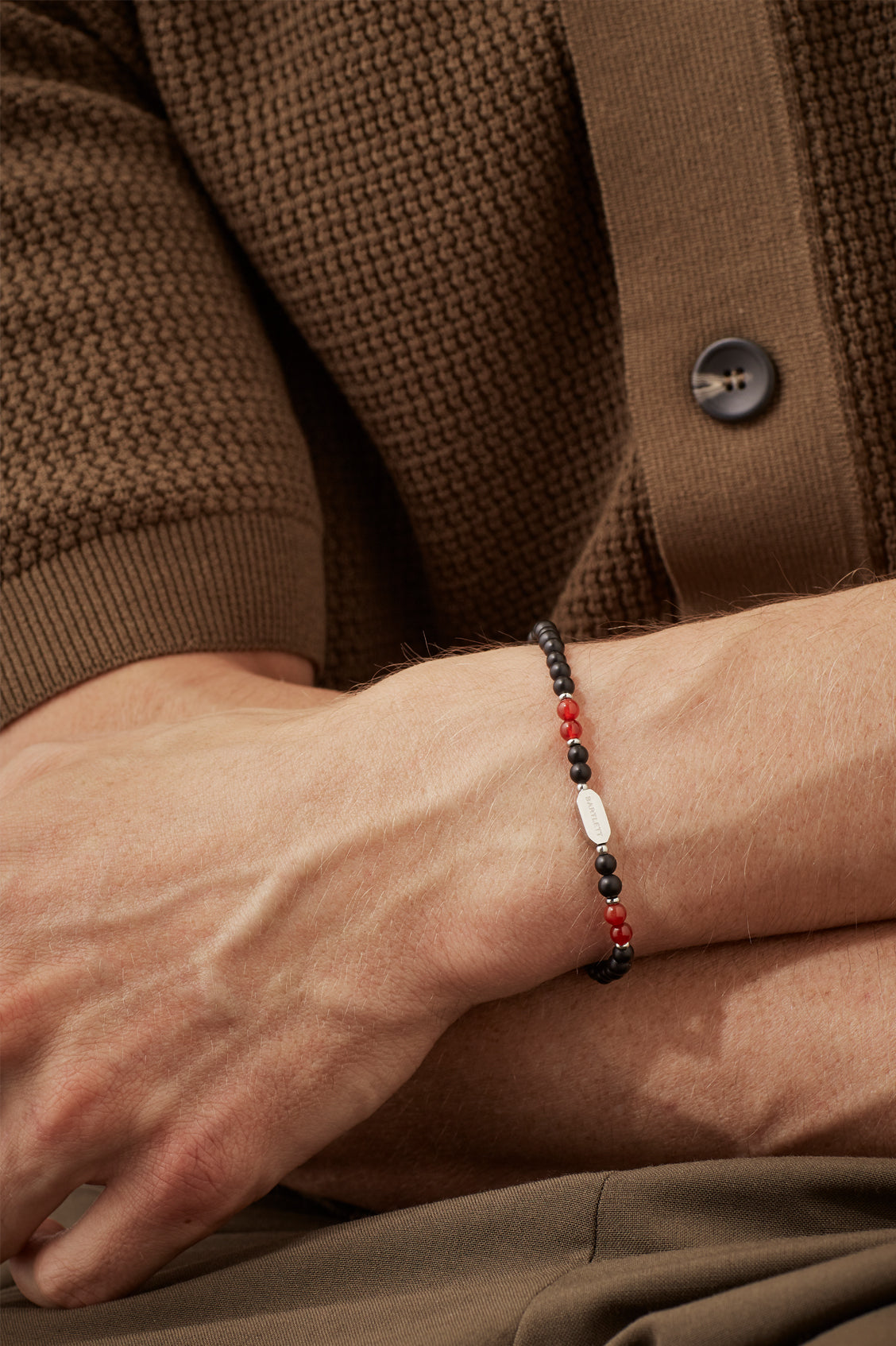 Men's Black Onyx Bracelet With Red Agate Accent