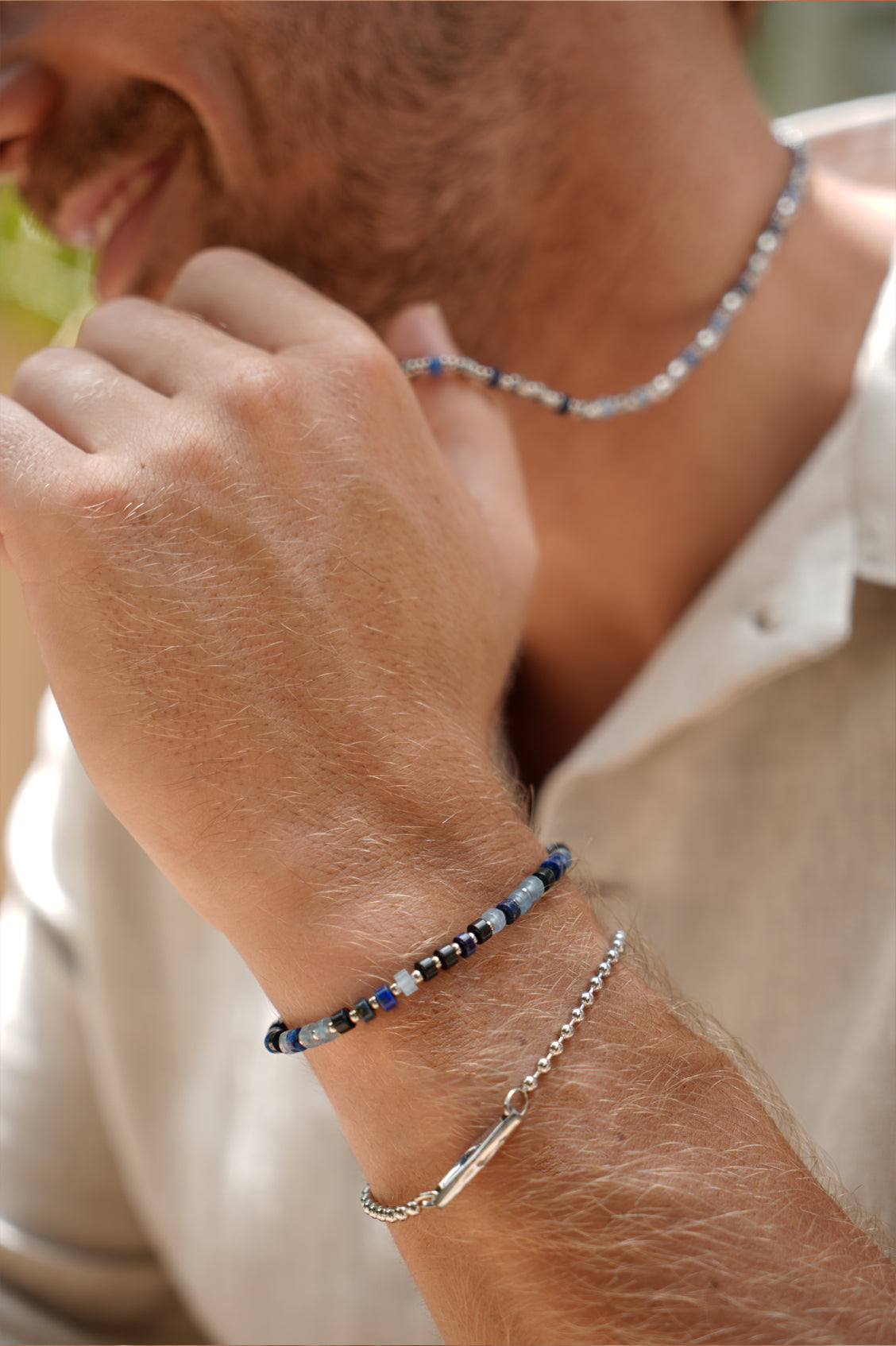 Men's Black and Blue Gemstone Rondelle Stretch Bracelet