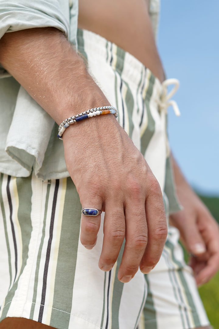 Men's Blue, Orange and White Gemstone Bead Bracelet