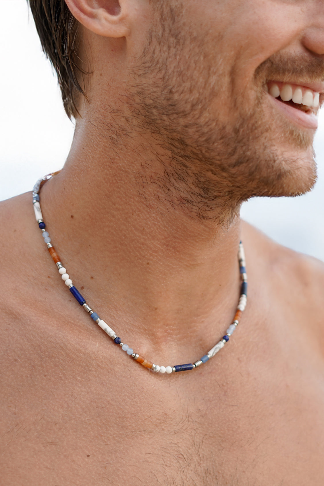 Men's Blue, Orange and White Gemstone Bead Necklace