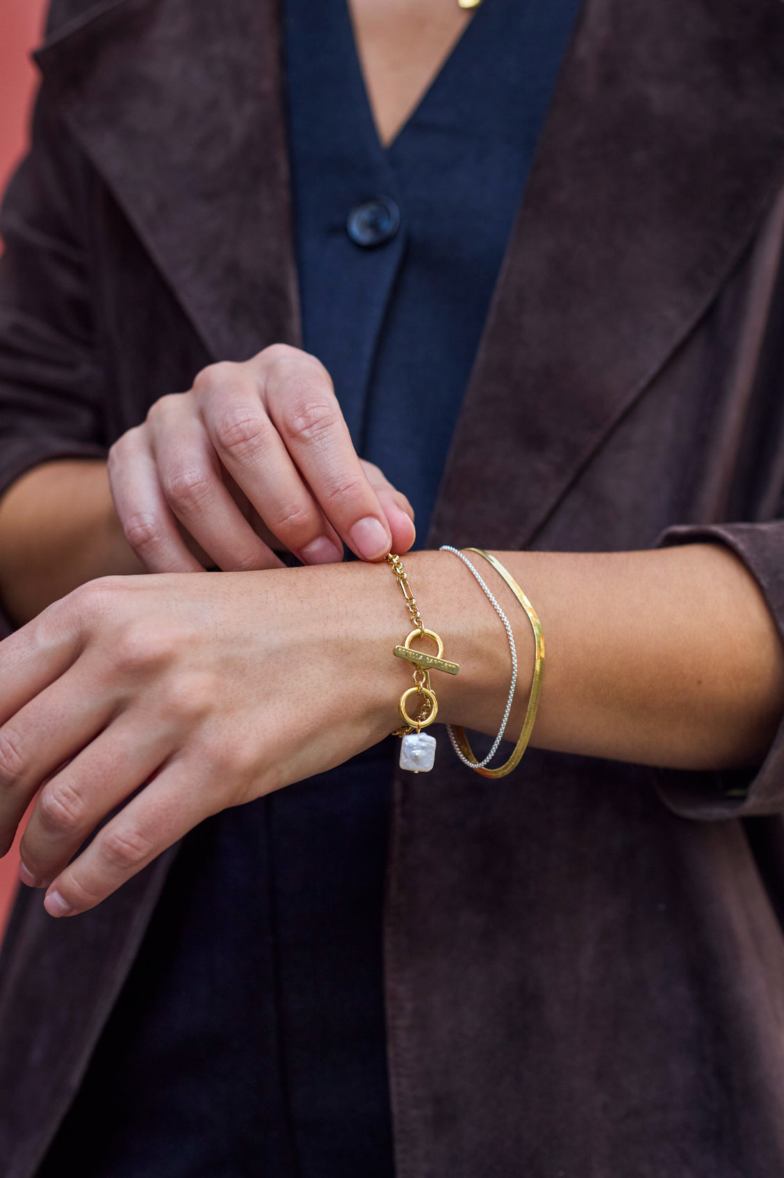 Square Baroque Pearl T-Bar Bracelet