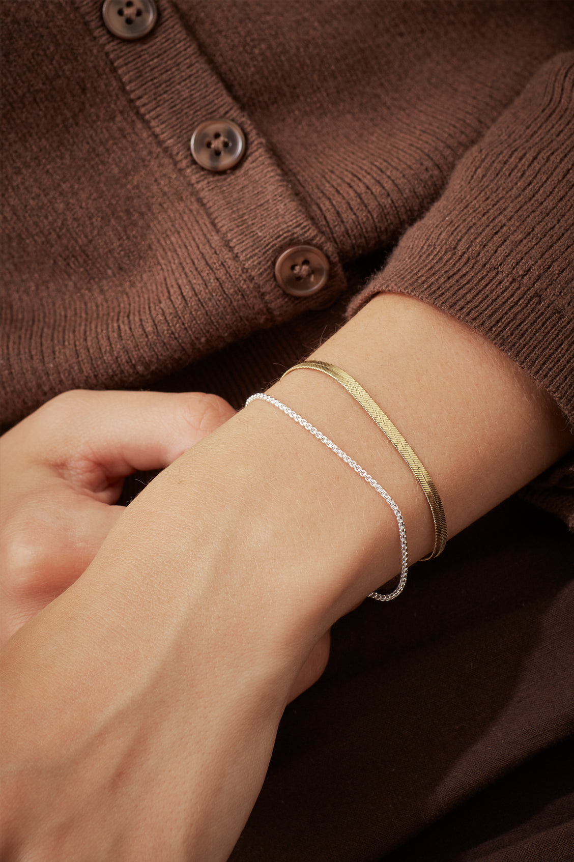 Mixed Metal Herringbone Chain Double Bracelet