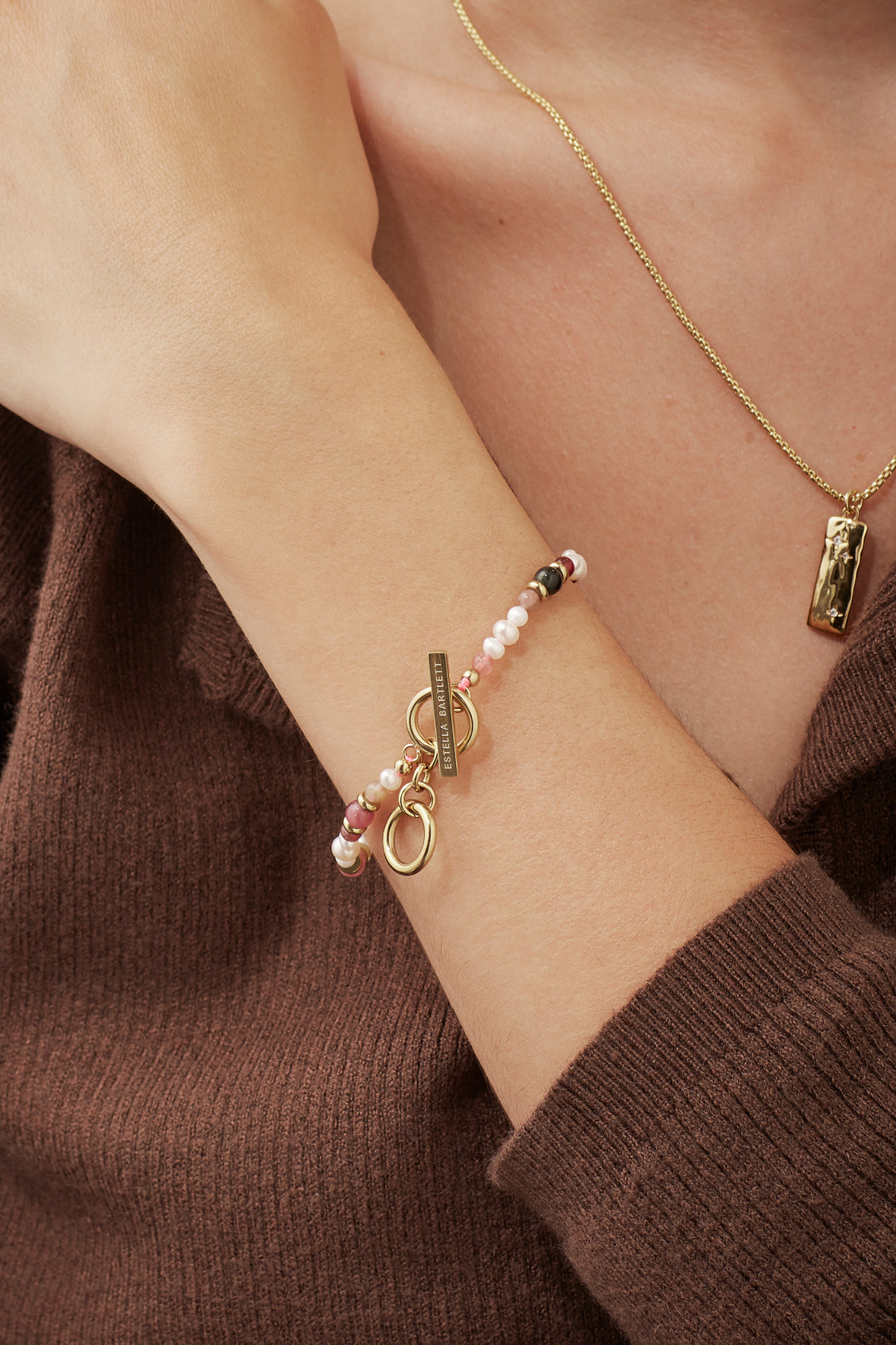 Tourmaline and Pearl Beaded T-Bar Bracelet