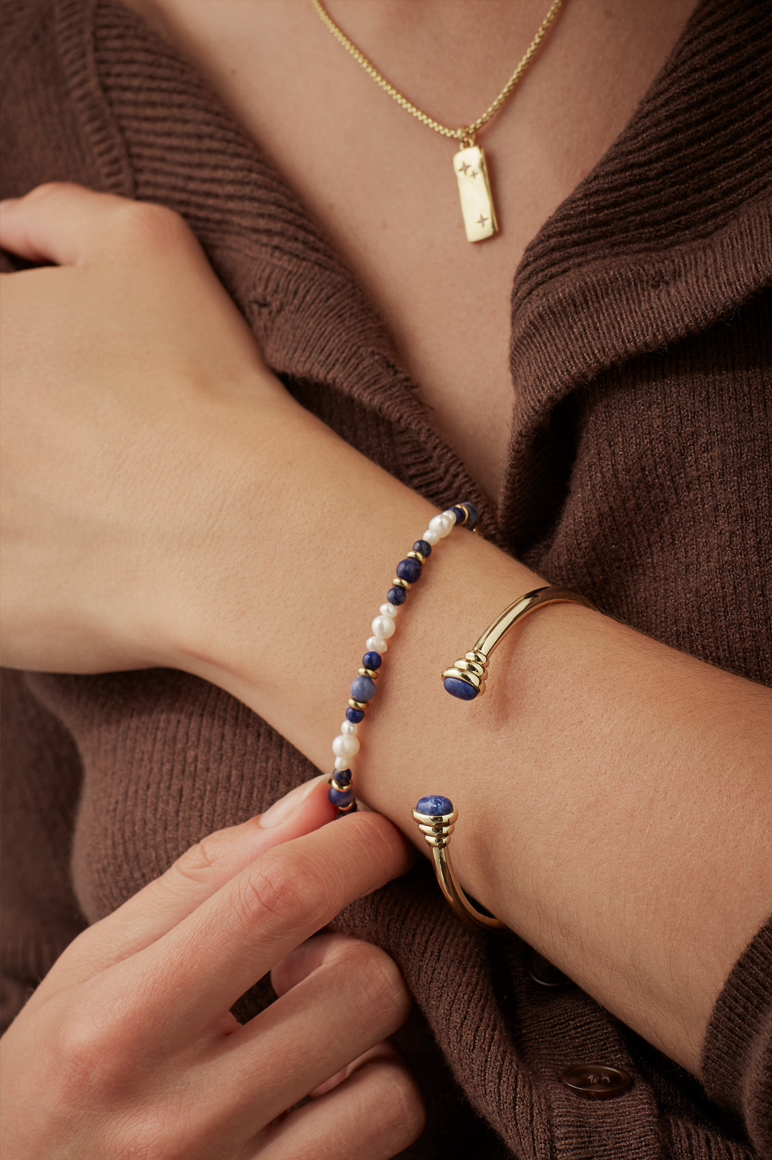 Lapis Lazuli and Pearl Beaded T-Bar Bracelet