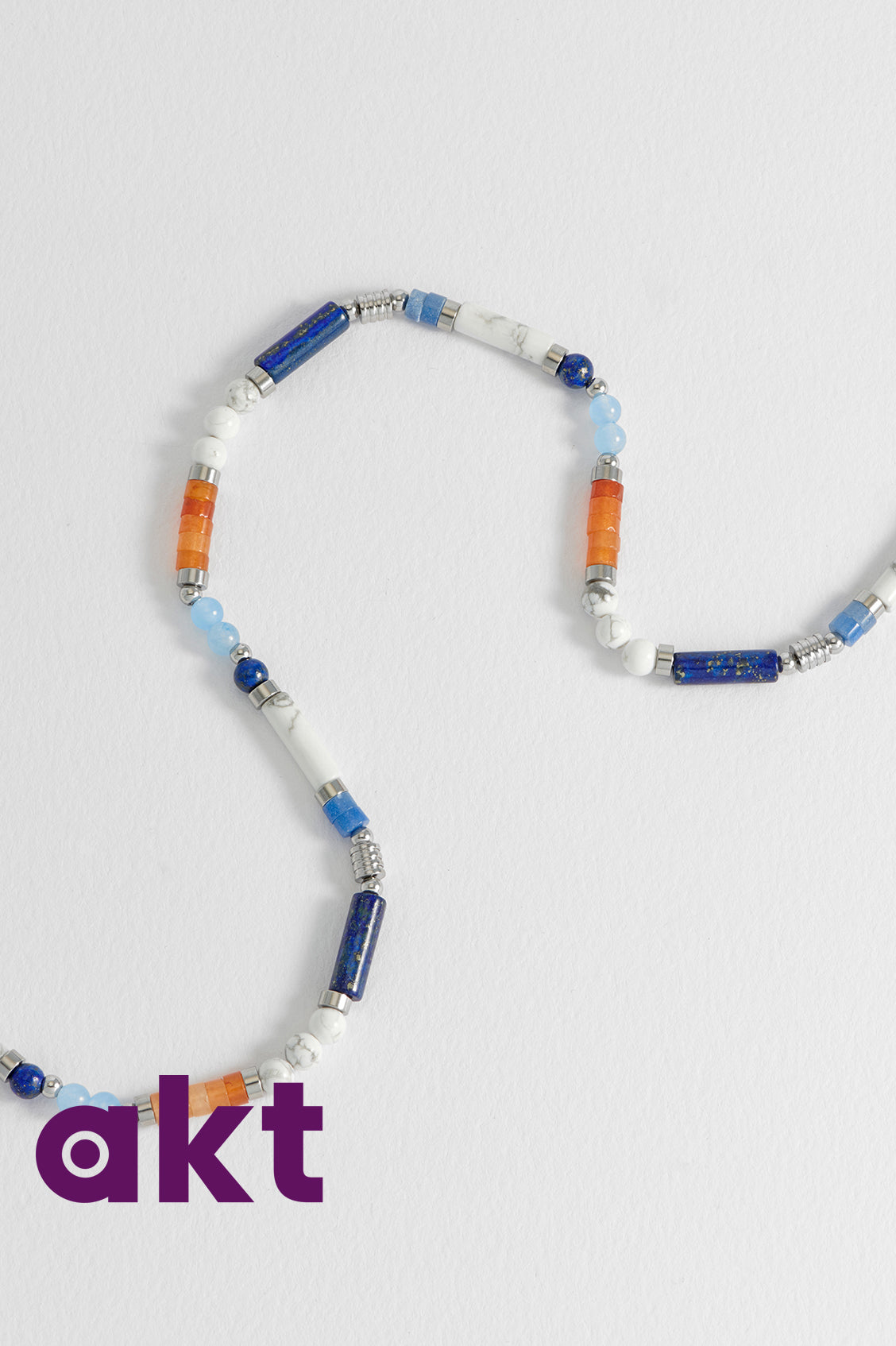 Men's Blue, Orange and White Gemstone Bead Necklace