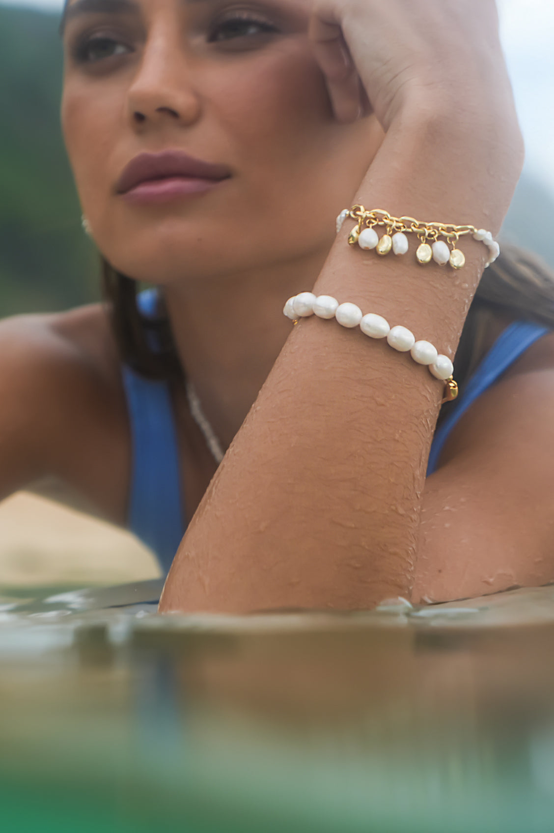 Molten Gold and Baroque Pearl Bangle Bracelet