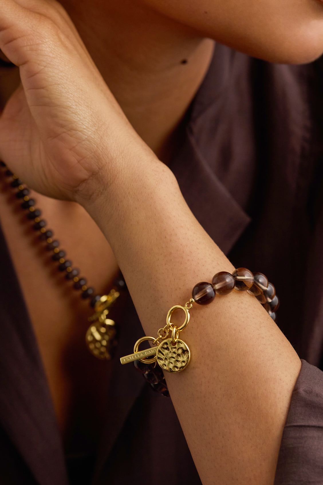 Hammered Disc Chunky Smoky Quartz T-Bar Bracelet