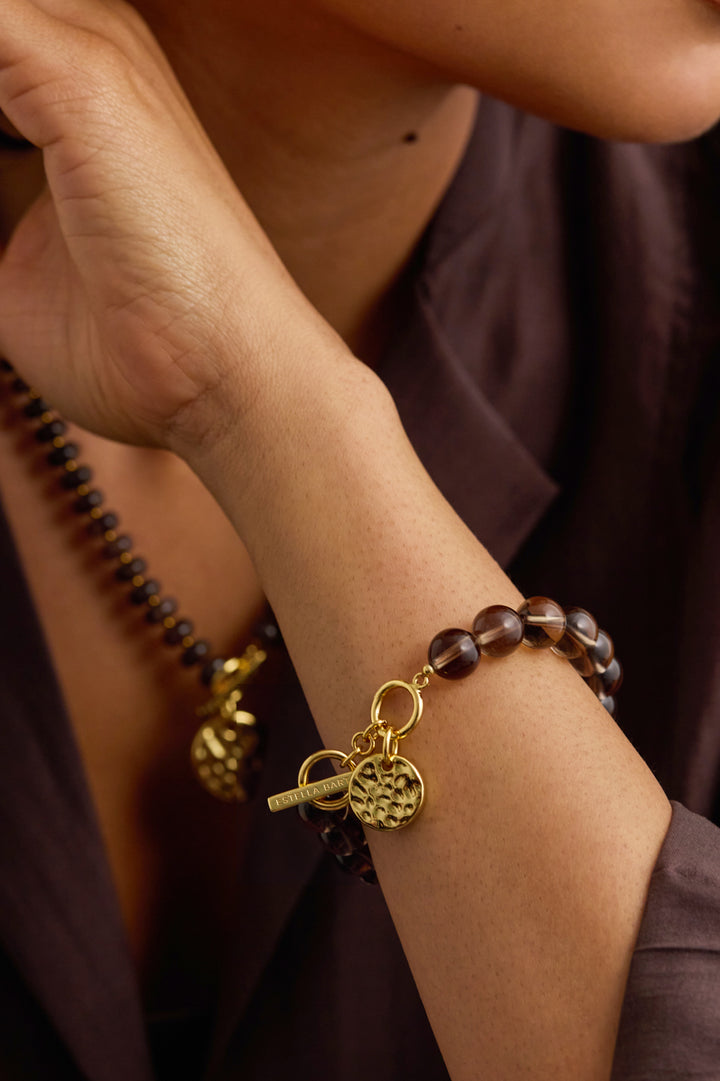Hammered Disc Chunky Smoky Quartz T-Bar Bracelet
