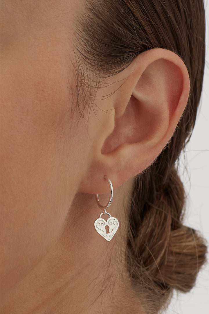 Engraved Heart Padlock Hoop Earrings