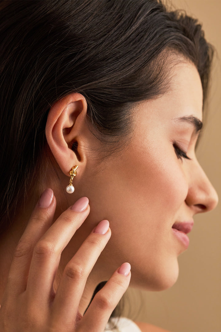Pearl Drop Knot Stud Earrings