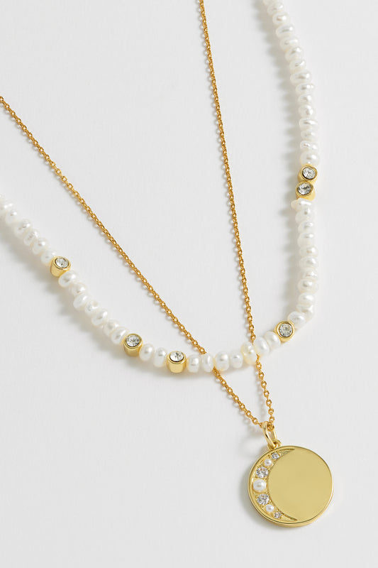 CZ Pearl Double Chain Moon Necklace