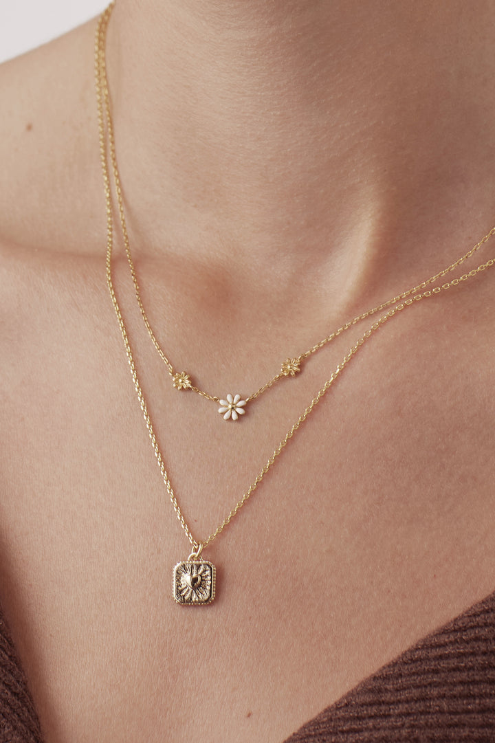 Triple Flower White Enamel Necklace