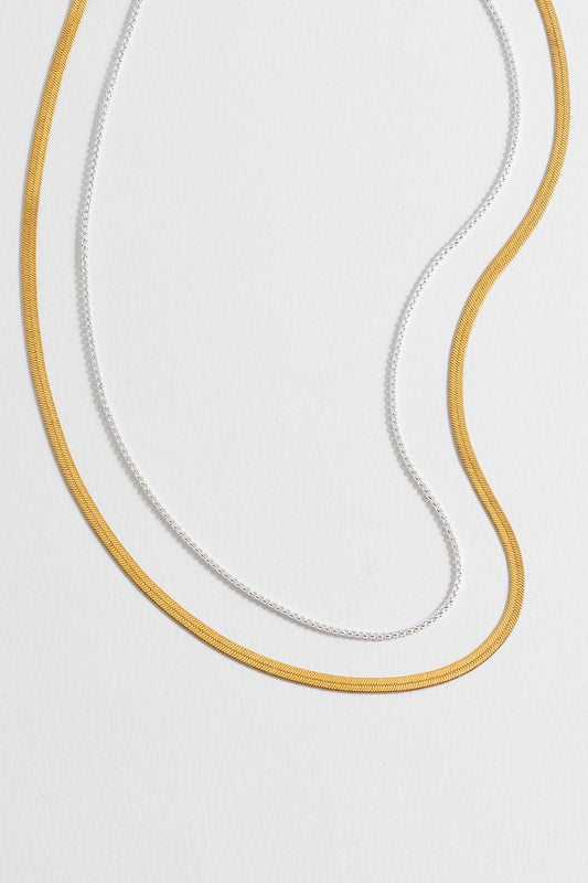 Mixed Metal Herringbone Chain Double Necklace