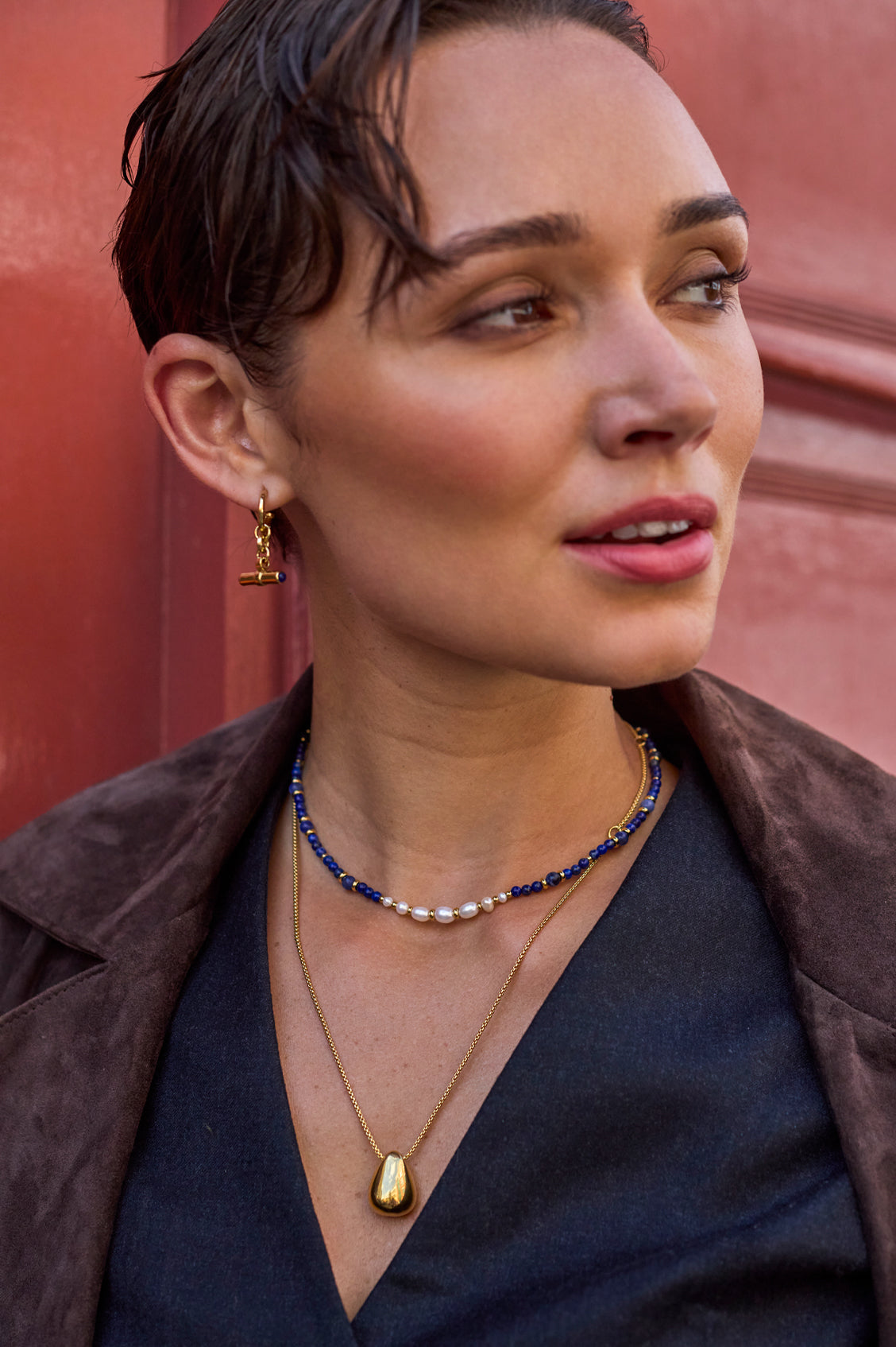 Lapis Lazuli Cabochon T-Bar Hoop Earrings