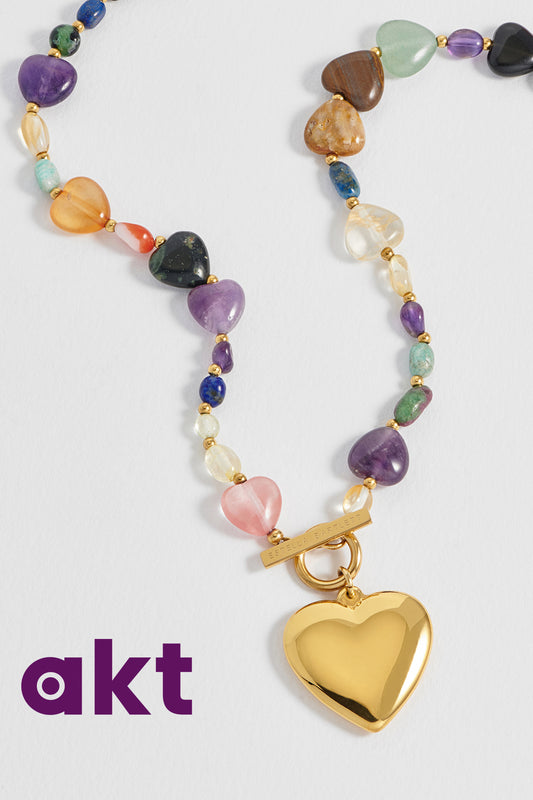 Multi-Gemstone Heart and Pebble T-Bar Necklace