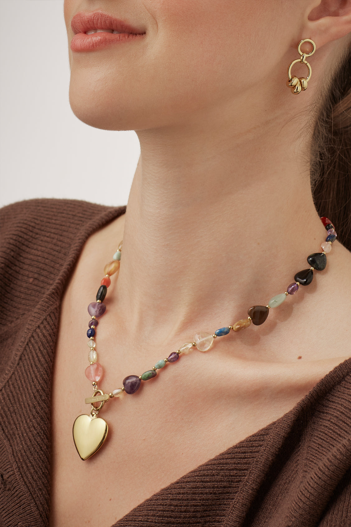 Multi-Gemstone Heart and Pebble T-Bar Necklace