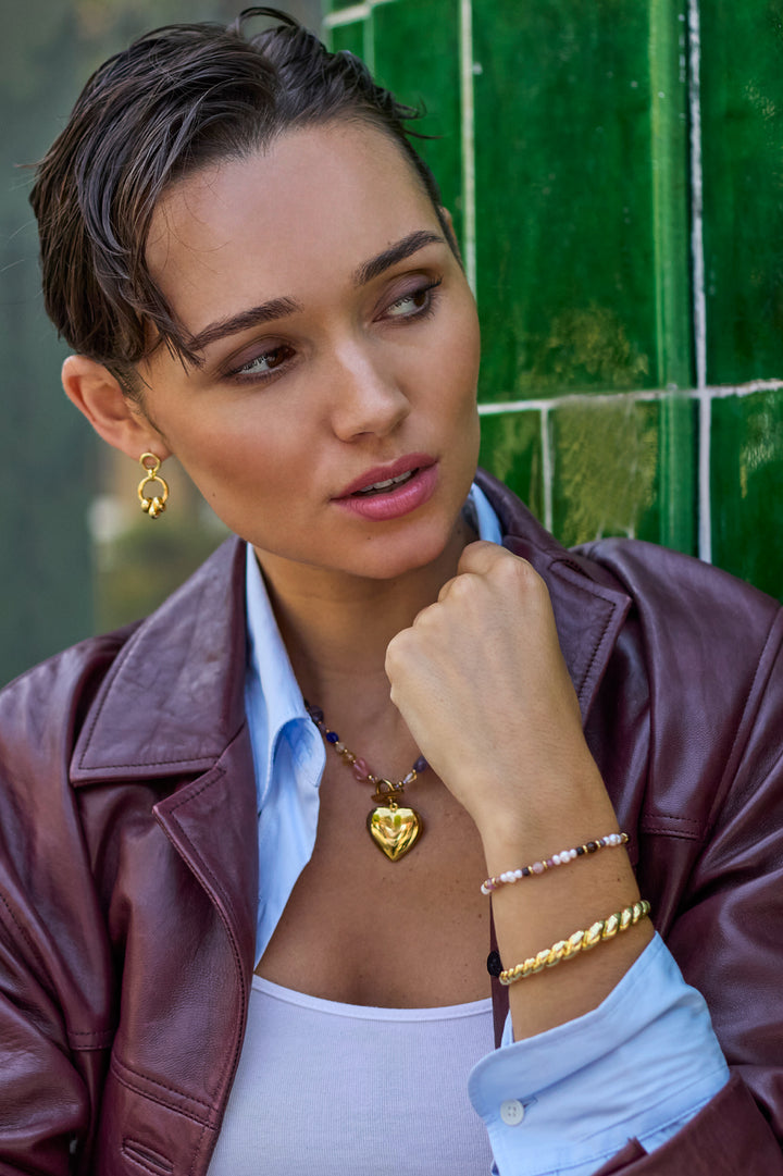 Multi-Gemstone Heart and Pebble T-Bar Necklace