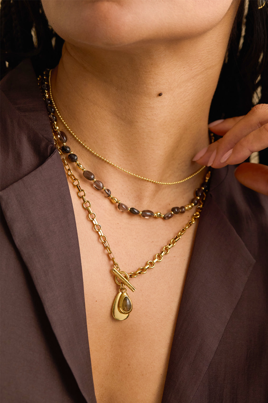 Smoky Quartz Pebble Double Chain Necklace