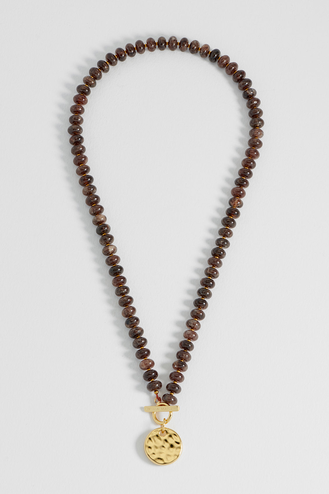 Hammered Disc Brown Quartz T-Bar Necklace