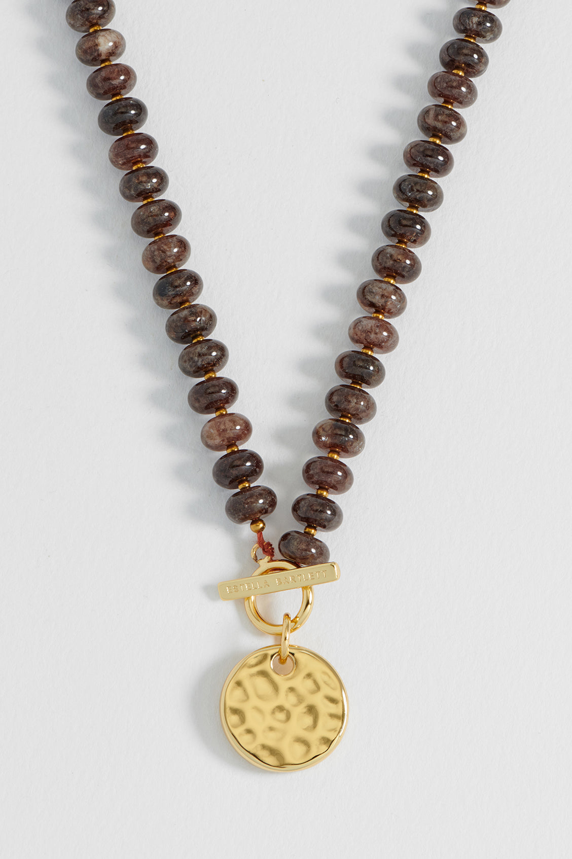 Hammered Disc Brown Quartz T-Bar Necklace
