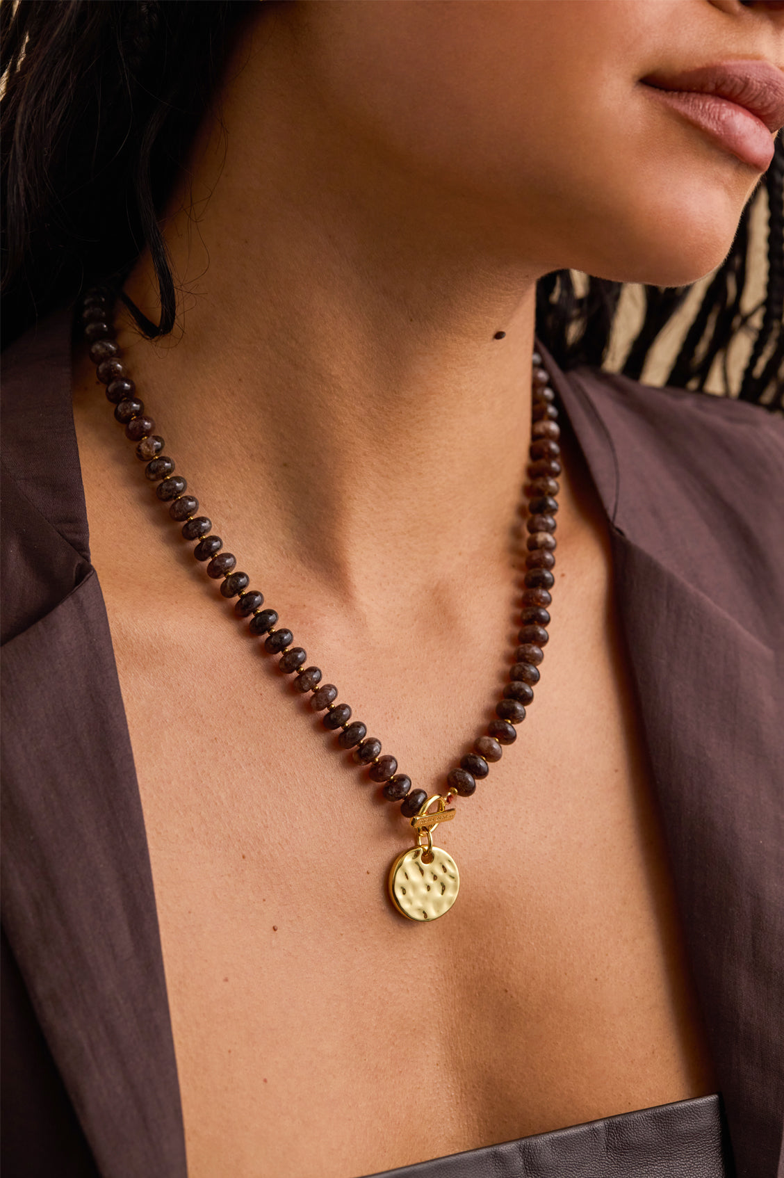 Hammered Disc Brown Quartz T-Bar Necklace