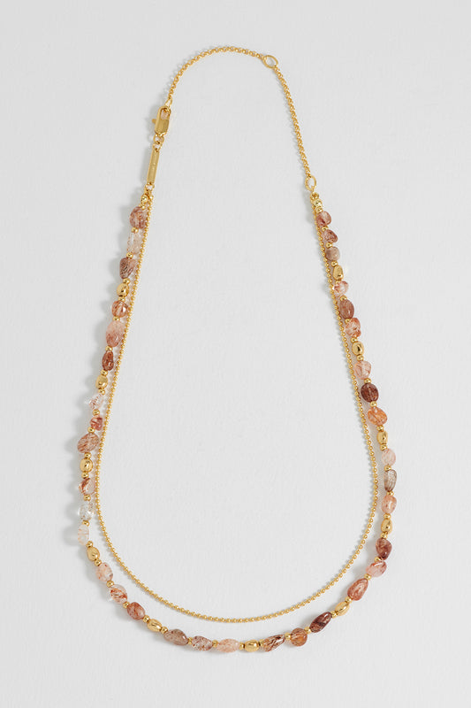 Mixed Gemstone Pebble Double Chain Necklace