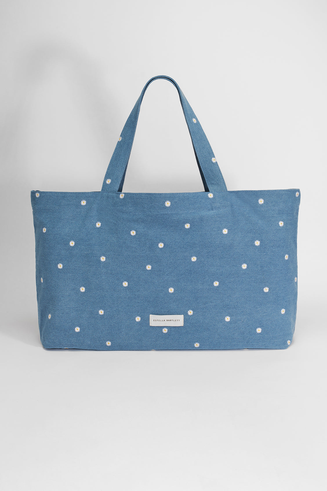 Embroidered Daisies Denim Large Tote Bag
