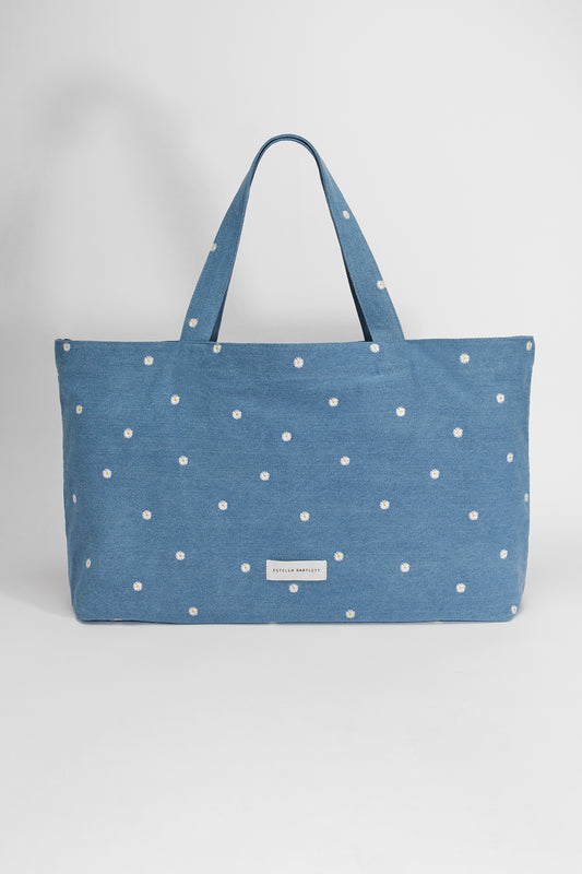 Embroidered Daisies Denim Large Tote Bag