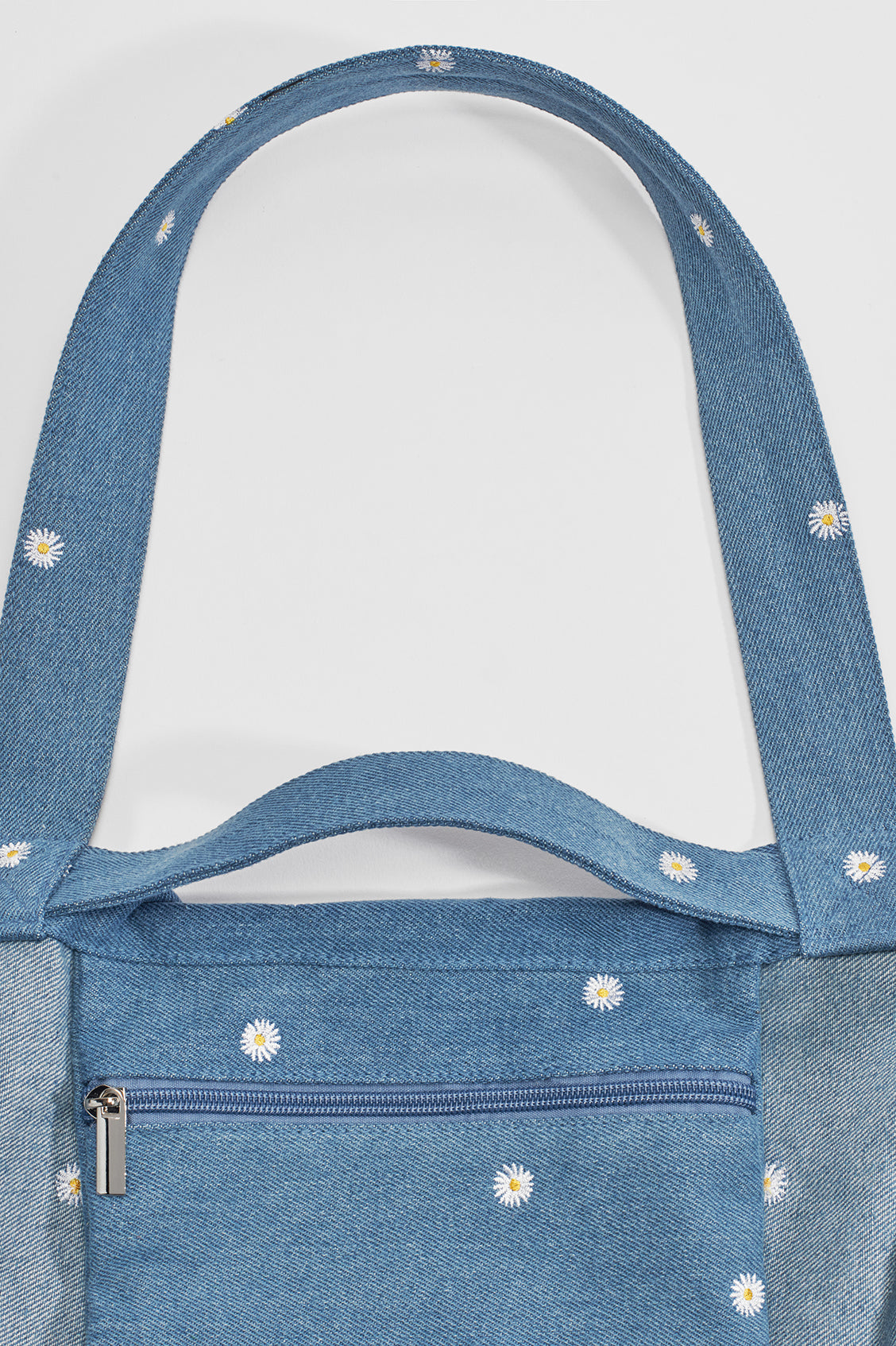 Embroidered Daisies Denim Large Tote Bag