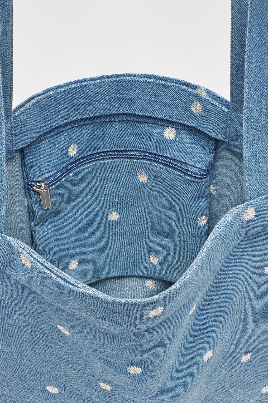 Embroidered Daisies Denim Large Tote Bag