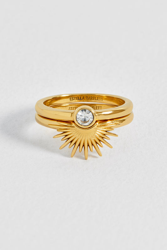 Sunburst and CZ Solitaire Stacking Ring Set