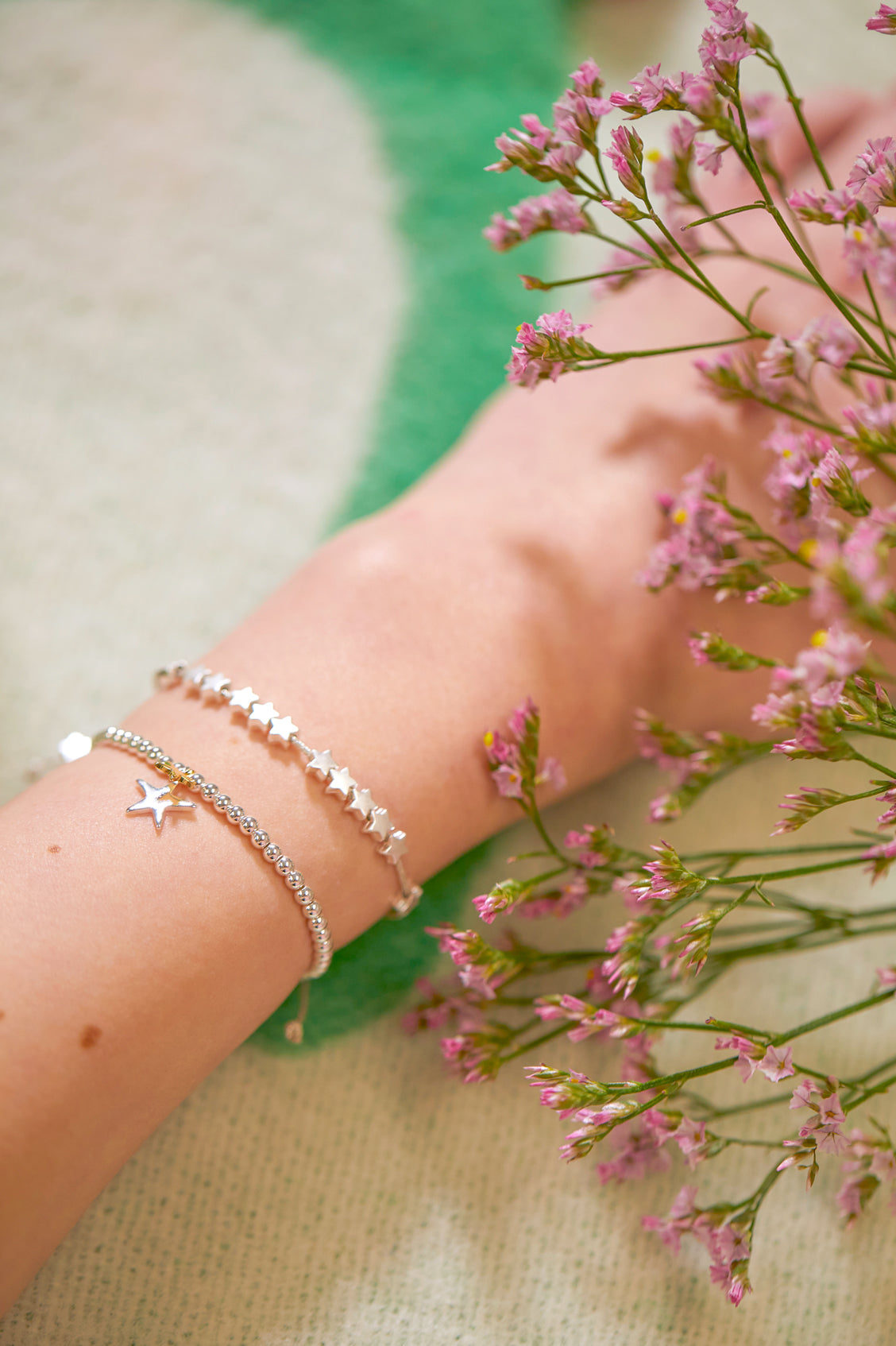 Star Themed Glass Bead Friendship Bracelets (Pair) - Stars in Lime | NOVICA